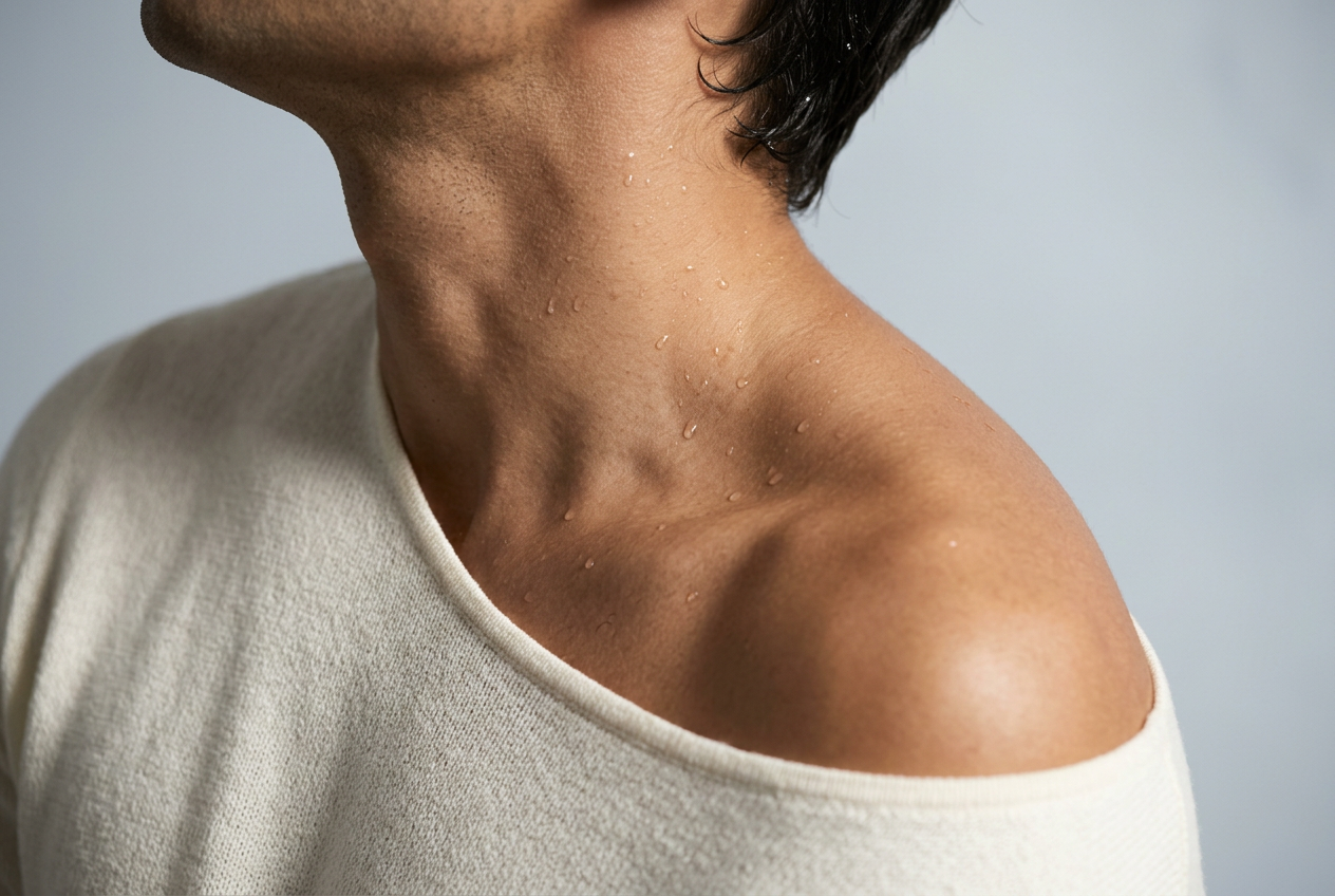 Male skincare editorial — water droplets