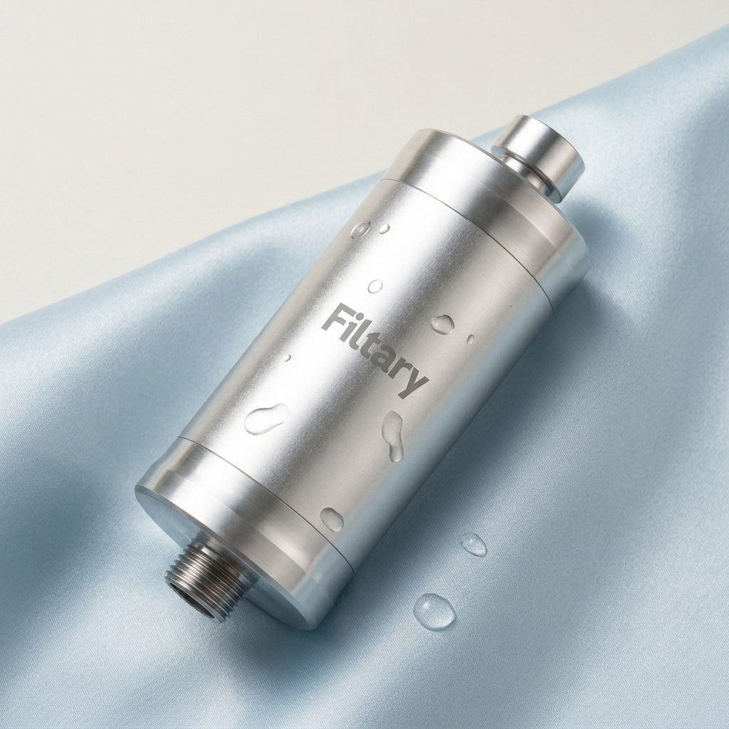 Filtary silver shower filter on pale-blue fabric