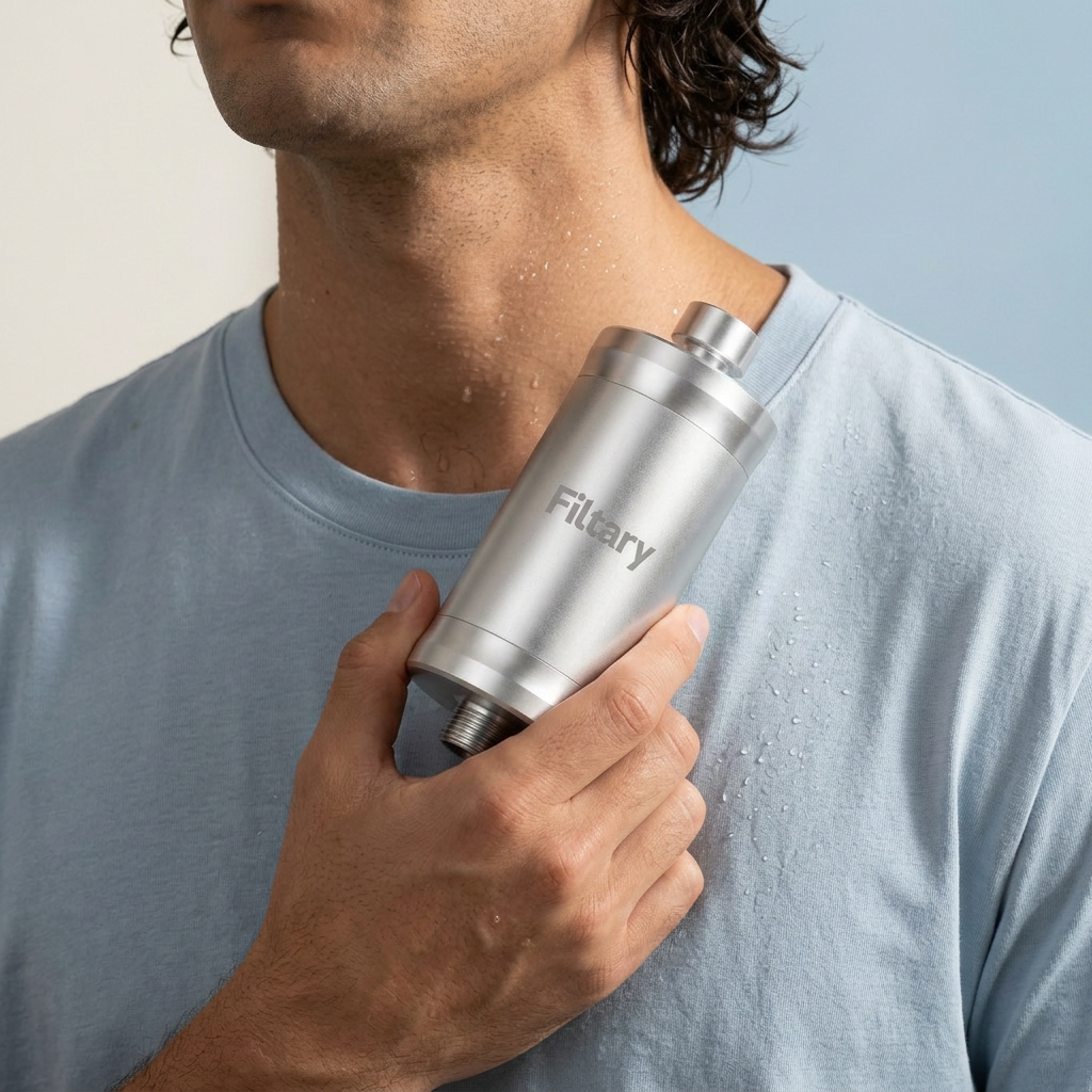 Man holding the Filtary shower filter