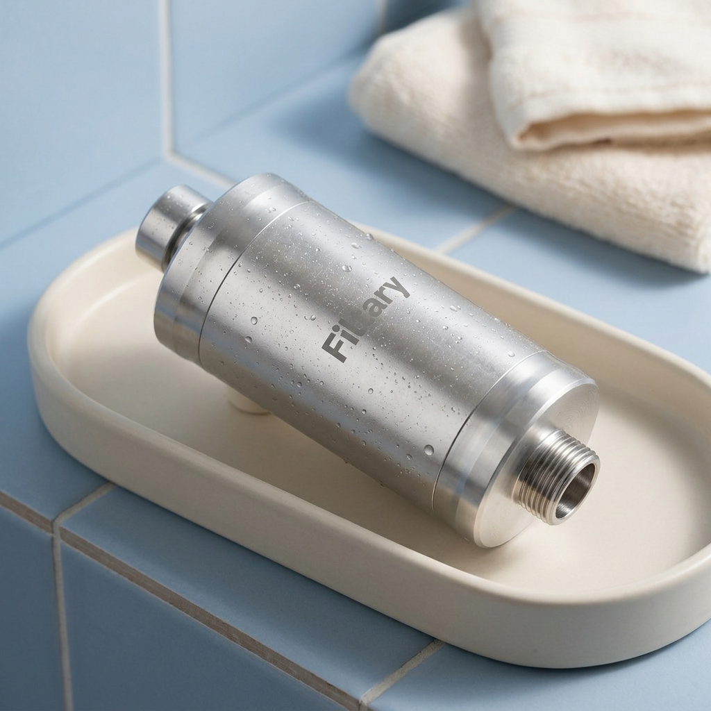 Filtary silver shower filter on an ivory tray